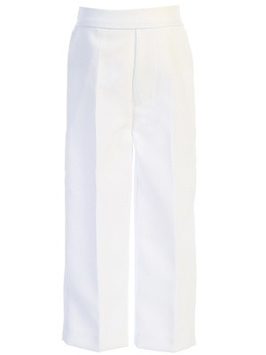 Pants with fake fly and elastic waistband on the back